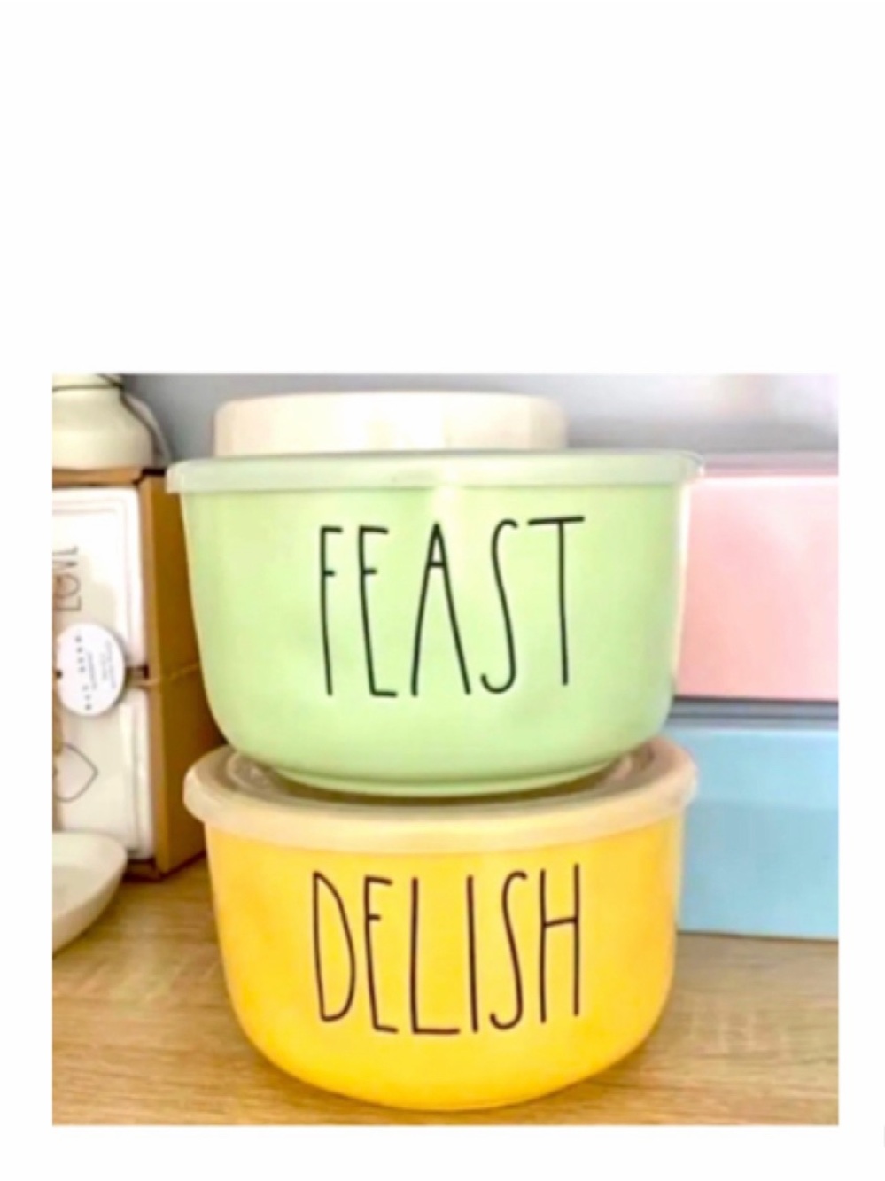 NEW Rae Dunn Pastel Yellow Feast and Pastel Green Delish Food Storage Containers
